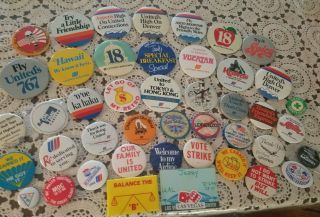 Vintage Set Of 44 Buttons Pin Backs United Airlines 1970 To 1994