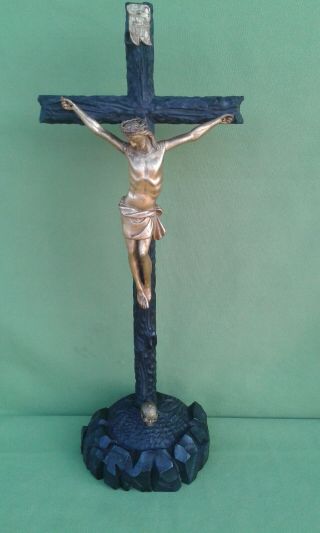 Antique Black Forest Wood Carved Crucifix With Wood Carved Jesus