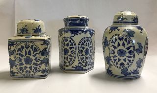 Vtg Chinese Asian Tea Caddy Set 3 Blue & White Hand Painted & Marked W Lids