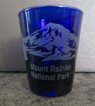 Vintage Mt.  Mount Rainier National Park Washington Shot Glass Cobalt Blue