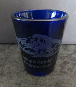 Vintage Mt.  Mount Rainier National Park Washington shot glass cobalt blue 2
