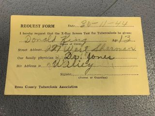 1944 Request Form X - Ray Screen Test For Tuberculosis Reno County