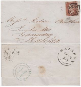 1843 Qv Hull Mx Maltese Cross On Cover With A 1d Penny Red Stamp Halifax Error