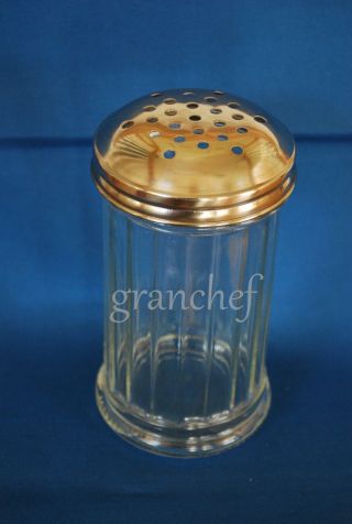 Cheese Shaker Large / Retro Style Glass Heavy Paneled 12 Oz.  W/stainless Top