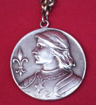 French Joan Of Arc On Horse Silverplate Medal Pendant Ø 1 5/8 " Fleur De Lys