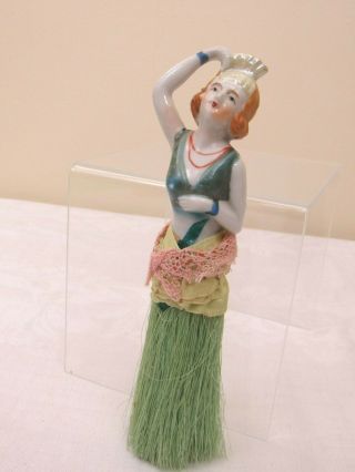 Antique Vtg Half Doll Porcelain W/ Tiara Vanity Brush Accessory Whisk Broom