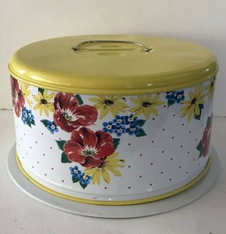 Vintage Retro 1950’s Cake Pie Tin Metal Carrie Taker Flowers Yellow Red Poka Dot