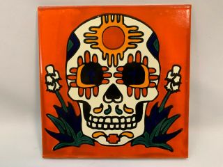 8 " Mexican Talavera Ceramic High Relief Tile Day Of The Dead Candy Skull Rare