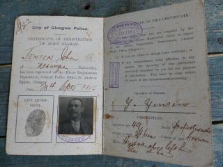 Antique Passport 1915 Certificate Of Registration Alien Seaman Glasgow England
