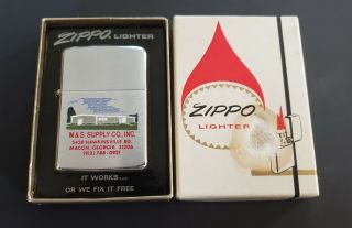 Vintage 1972 Zippo Lighter Advertising M&s Supply Macon Ga Nib Great Graphics