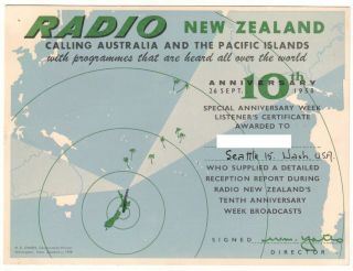 Qsl,  Radio Zealand,  10th Anniversary,  1958