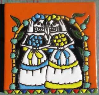 1 Talavera Pottery 6 " Tiles Day Of The Dead 2 Brides Gay Wedding Bouquet Flower