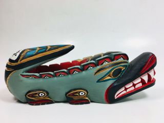 Nw Coast First Nations Hand Carved & Painted Wooden Wolf Effigy Totem Bowl