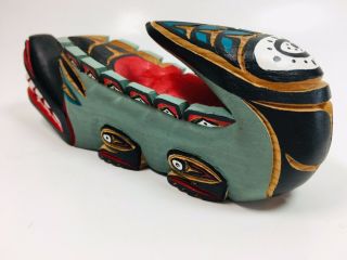 NW Coast First Nations Hand Carved & Painted Wooden Wolf Effigy Totem Bowl 4