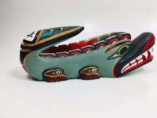 NW Coast First Nations Hand Carved & Painted Wooden Wolf Effigy Totem Bowl 5