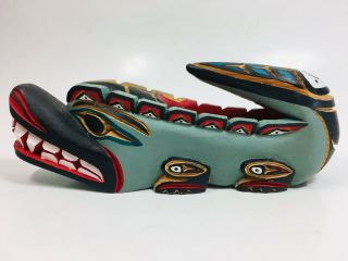 NW Coast First Nations Hand Carved & Painted Wooden Wolf Effigy Totem Bowl 7