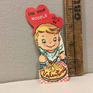 Vintage Valentine Card Boy Eating Pasta Spaghetti " Use Your Noodle "