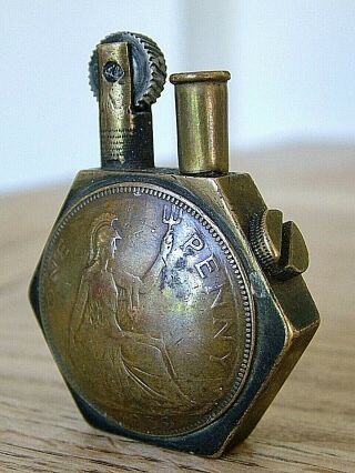 Dated 1939 Ww2 Trench Art Petrol Lighter One Penny