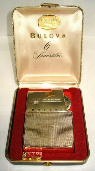 Rare Vintage Bulova " 6 " 670 Transistor Radio.  Red And Gold W / Gift Box