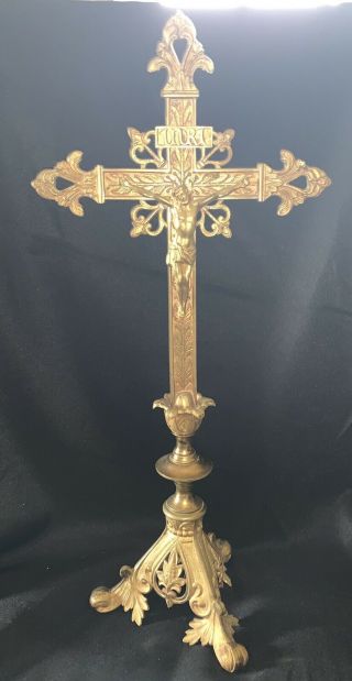 Antique Ornate Brass Standing Altar Crucifix,  Large,  On Pedestal,  " Inri ",  19 "