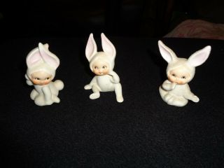 Vintage Set Of Three Lefton Japan Sugar Mica Coated Pixie Bunny Girl Figurines