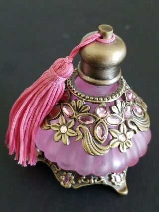 Vintage Frosted Pink Perfume Bottle W/ Stopper Top Pink Tassel W/ Metal Base