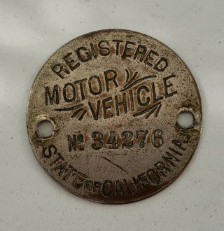 State of California Motor Vehicle Registration 1905 - 1913 (pre - 1914) Tag 2