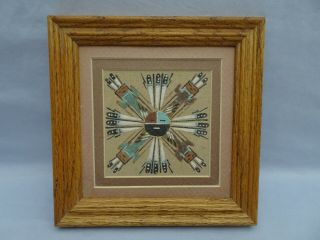 Vintage Authentic Navajo Sand Painting Chant God Moon Face Double Mat Wood Frame