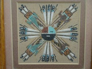 Vintage Authentic Navajo Sand Painting Chant God Moon Face Double Mat Wood Frame 2