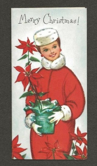 Mid - Century Lady In Red,  Fur Hat,  Poinsettias Vtg Gibson Christmas Card