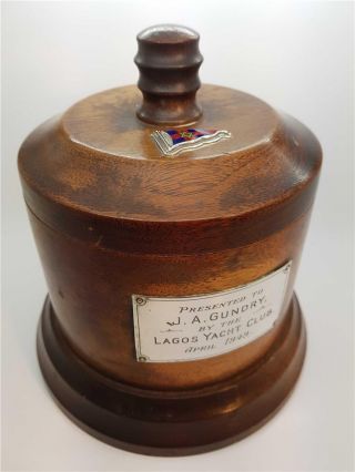 1949 Wooden Tobacco Jar From Lagos Yacht Club Silver & Enamel Burgee Badge