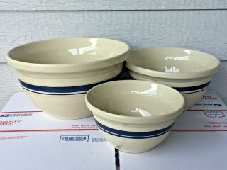 3 Roseville Oh Ohio Fp Friendship Pottery Crock Blue Stripe Nesting Mixing Bowls