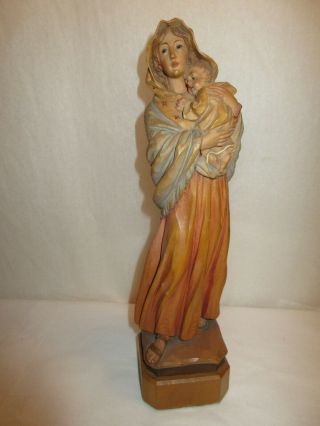 Vintage Wood Carved Anri Madonna And Child Statue Figurine