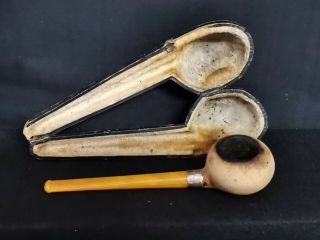 Antique Butterscotch Amber Stem Pipe With Silver Collar & Fitted Case P000599