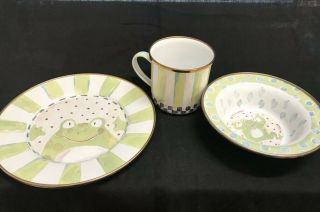 Three - Piece Mackenzie Childs Metal Rimmed Frog Sat Bowl,  Plate And Tea Cup