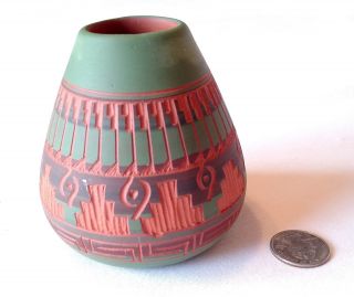 Native American Navajo Etched Pottery 3.  5 " X 3.  25 " Vase Signed & Numbered