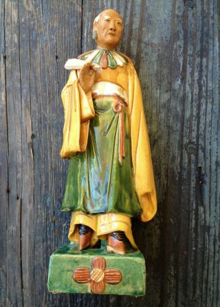 Antique Chinese Tang Sancai Ceramic Pottery Green & Amber Drip Glaze Man Figure