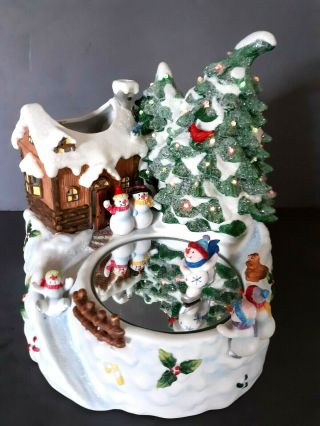 Home Interiors Christmas Village Skating Snowman Candle Holder Chalet Lit Tree