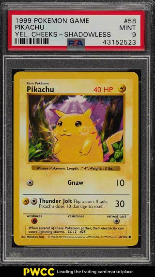 1999 Pokemon Game Shadowless Yellow Cheeks Pikachu 58 Psa 9 (pwcc)