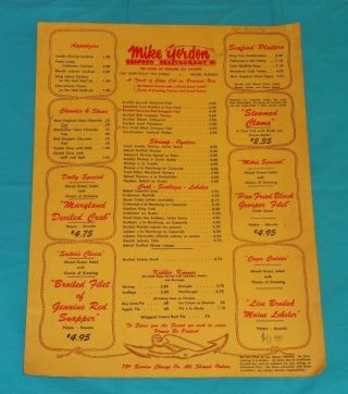 Vintage Mike Gordon Seafood Restaurant Menu Miami Florida