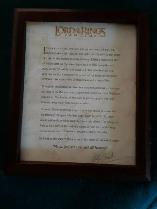 Lord Of The Rings " Peter Jackson Autograph On Fan Club Page " In Frame
