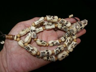 Old Neapl Tibet Tantric Buddhist Carved Yak Horn Skull Mala Prayer Beads