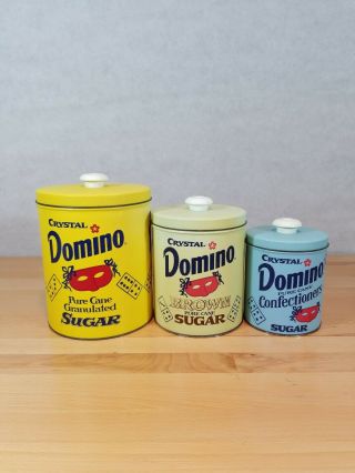 Vintage Domino Sugar Canister Set - Set Of 3 - Advertising Metal Litho With Lids