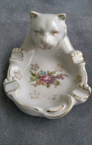 Vintage Lusterware Porcelain White Tiger Ashtray - Unique Cat Trinket Dish,  Japan