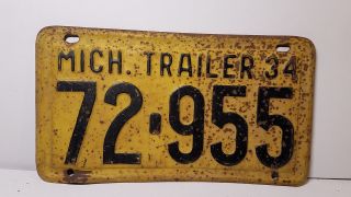 1934 Michigan Trailer State License Plate 72 - 955 Vintage Chevy Ford