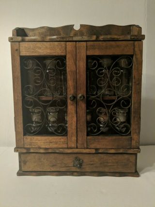 Vintage Wood Spice Rack W/metal Scroll Doors,  Drawer And 12 Vin.  Glass Spice Jars