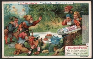 Impish Elf Gnomes Find Picnic Food And Have A Party C1904 Trade Ad Card