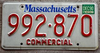 Red White And Blue Massachusetts Commercial License Plate With A 1990 Sticker