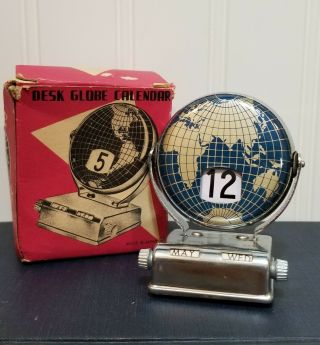 Vintage Perpetual Calendar Flip Silver Metal Globe Advertising Dated 1970 W Box