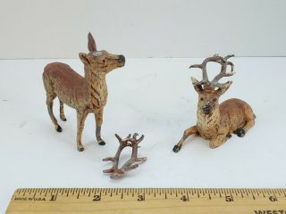 Two Vintage German Christmas Putz Lead Metal Reindeer Stag Deer Pair Antique Toy